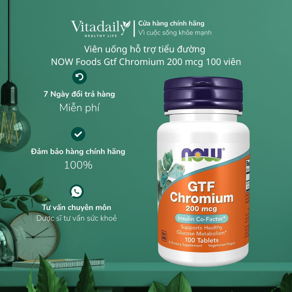 Viên uống hỗ trợ tiểu đường NOW Foods Gtf Chromium 200 mcg 100 viên