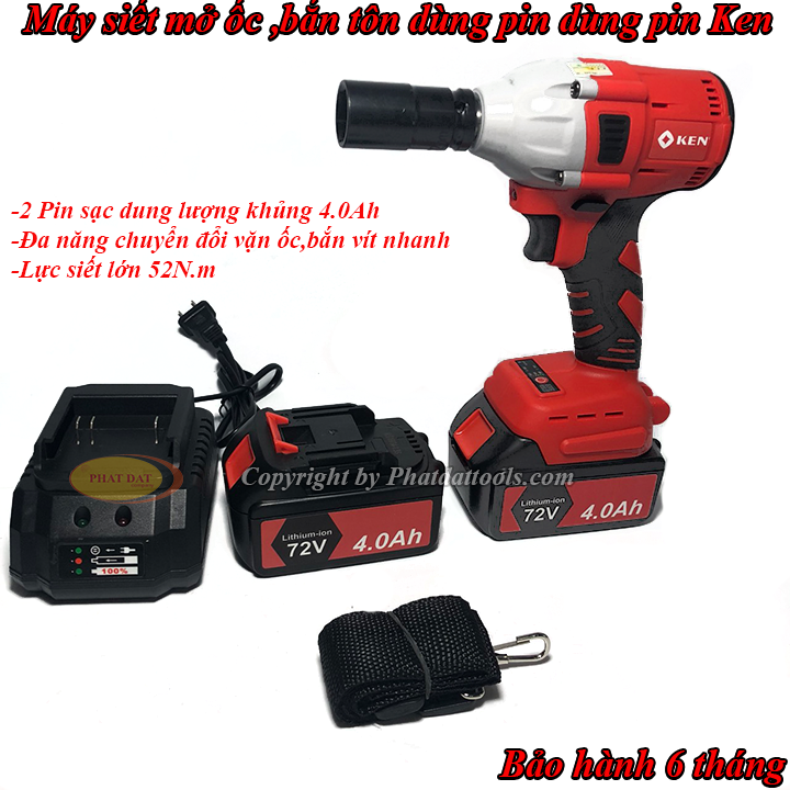 Máy siết mở bulong dùng pin, sung bắn ốc, máy bắn bulong Ken-Động cơ từ-Pin 4.0Ah-Bảo hành 6 tháng