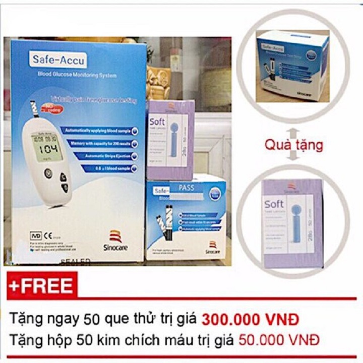 Máy đo đường huyết Safe-accu Sinocare bảo hành trọn đời - tặng ngay 50 que thử và 50 kim chích máu