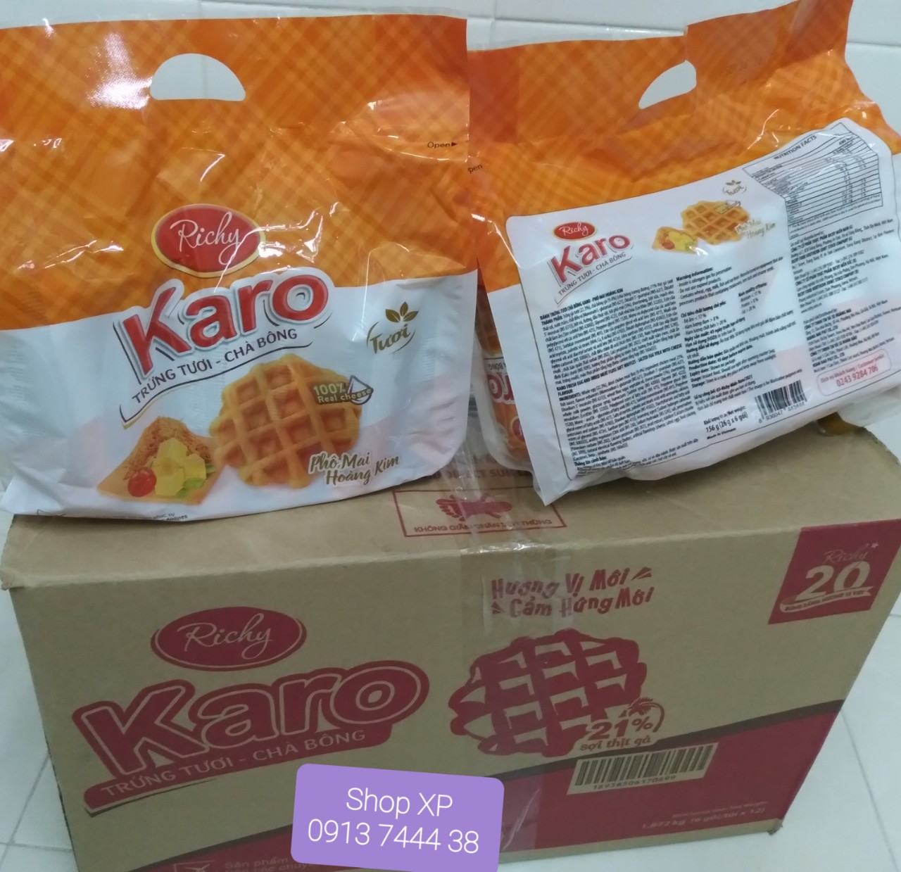 Thùng Bánh trứng tươi  Chà Bông Phô Mai (VÀNG) Karo Richy  gồm 12 túi 1.872g (26g x 72 gói)