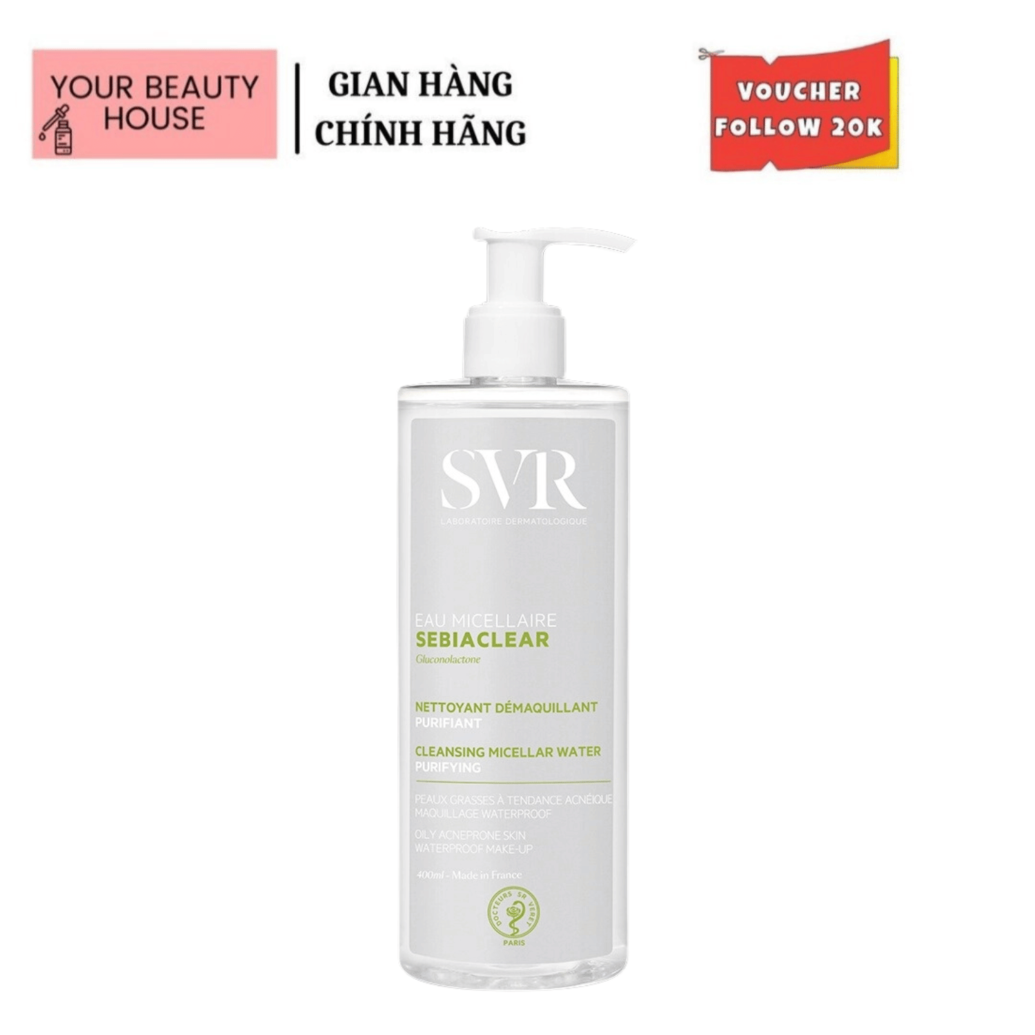 Nước tẩy trang svr sebiaclear eau micellaire làm sạch và giúp loại bỏ dầu thừa 400ml