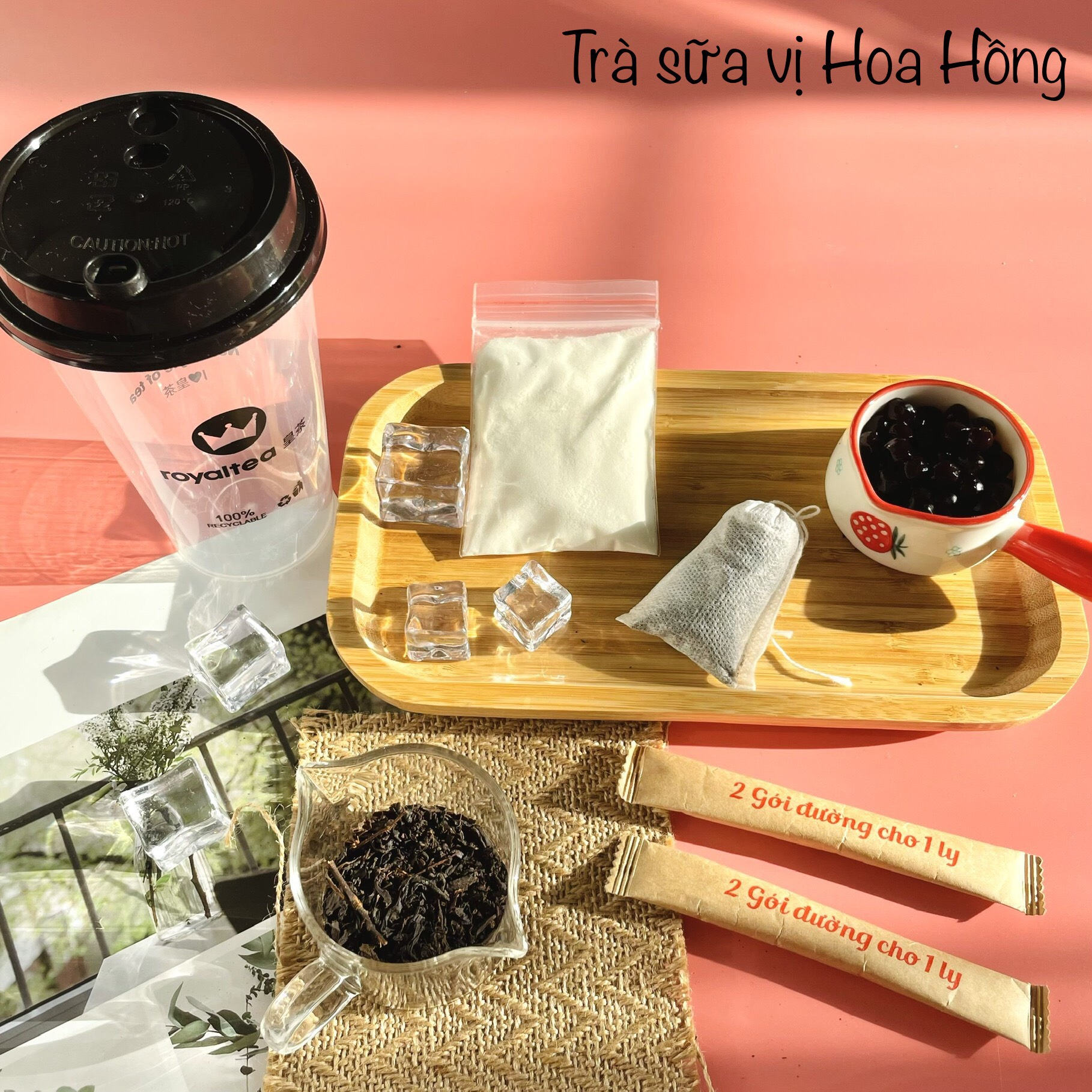 Trà sữa Royaltea Vị Hoa Hồng và Trân Châu Đen Đài Loan Chưa Nấu. Trà Sữa Royaltea Tự Pha Chính Hãng, set trà sữa tự nấu tiện lợi