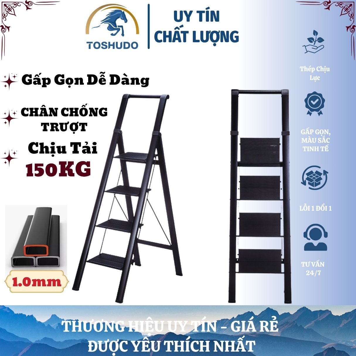 TOSHSUDO - THANG CHỮ A GẤP GỌN CÓ TAY VỊN 3 - 4 - 5 BẬC THÉP CHỐNG TRƯỢT HÀNG NHẬP KHẨU