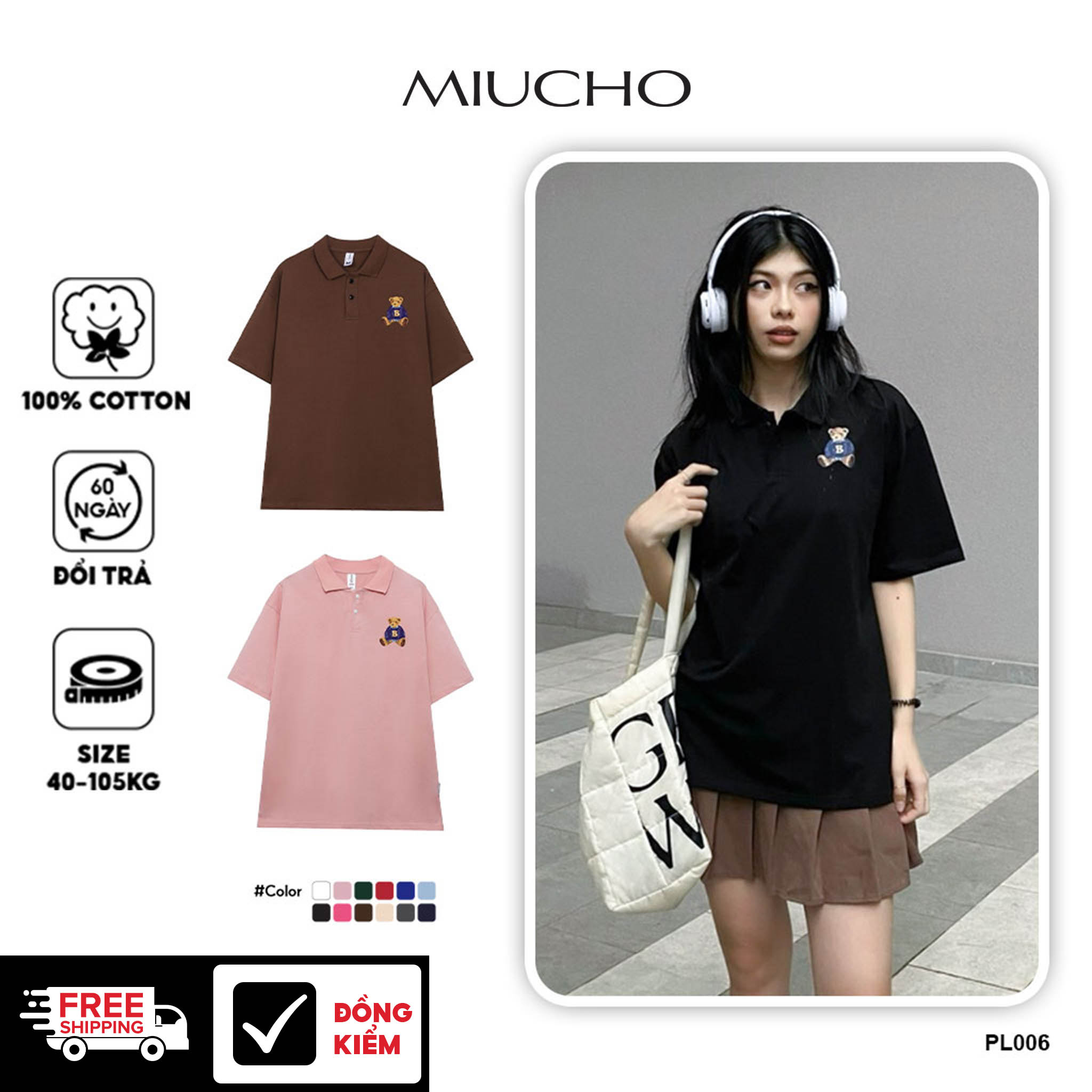 Áo polo nữ form rộng, áo thun polo nữ có cổ đẹp chất cotton form unisex PL006 Miucho in hoạ tiết
