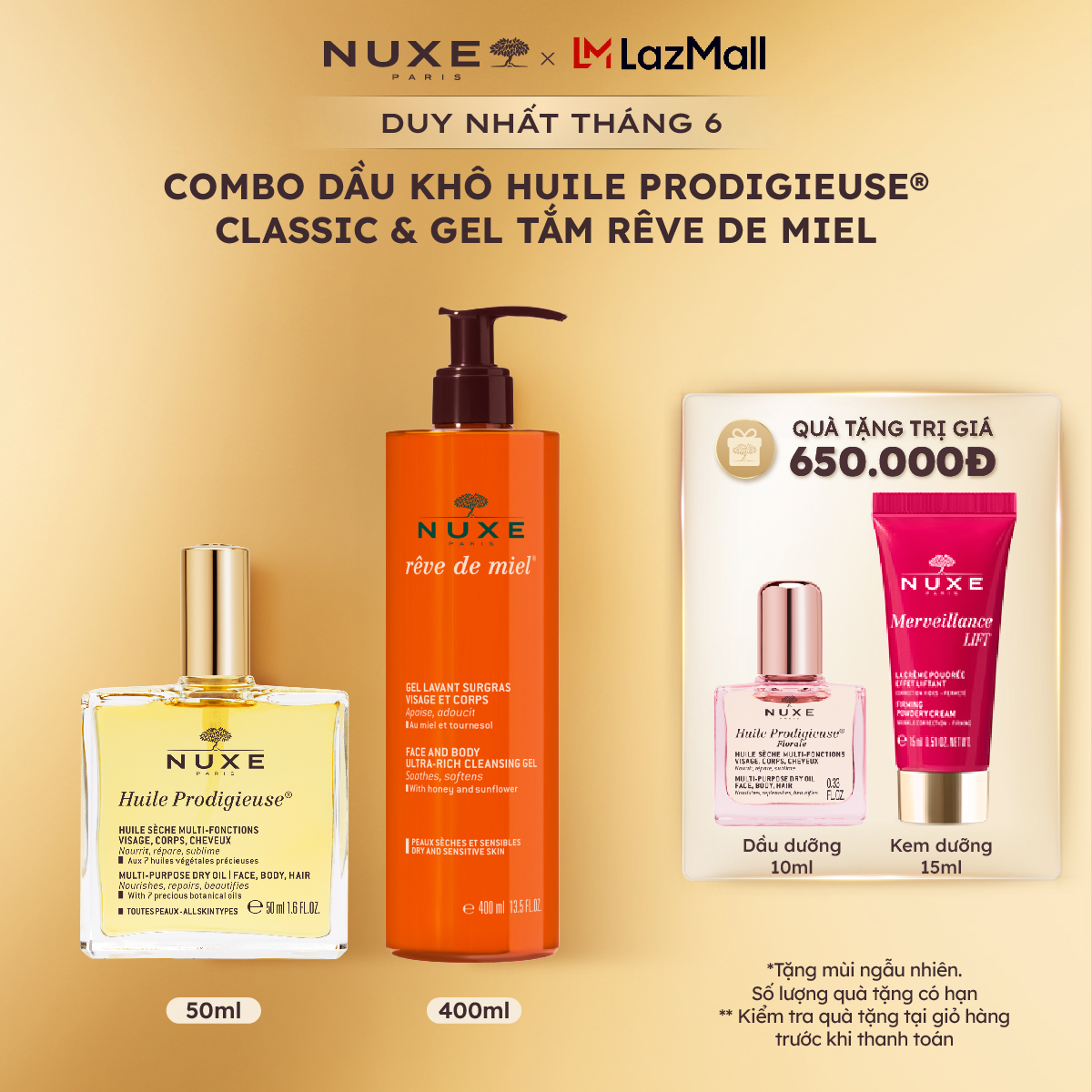 Combo Dầu khô đa năng Nuxe Huile Prodigieuse Multi-Purpose Dry Oil 50ml  Gel rửa mặt và tắm toàn thân chiết xuất mật ong