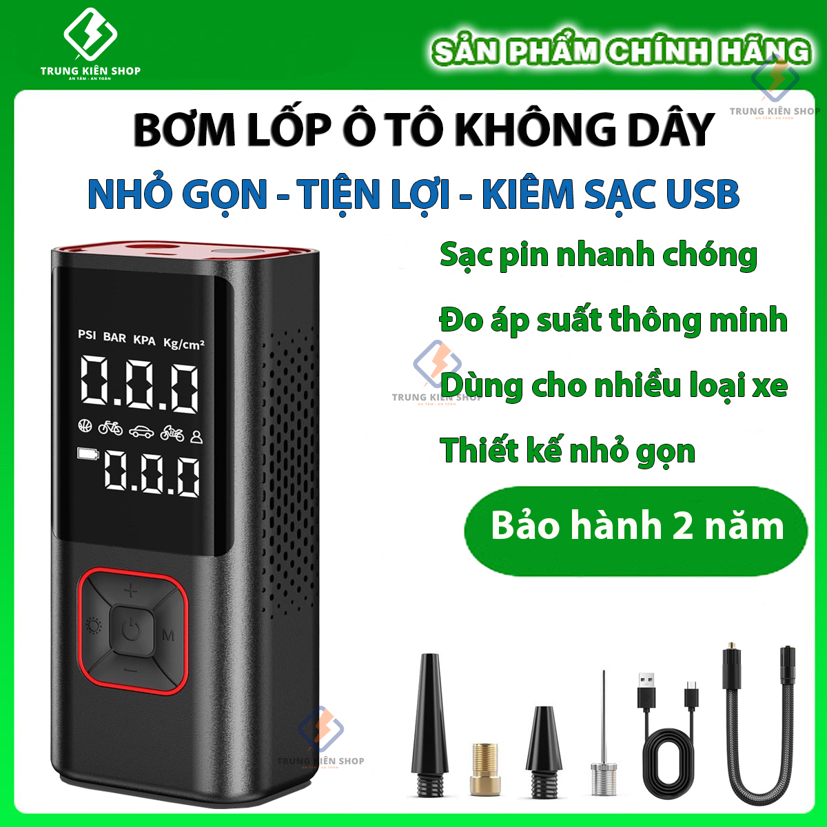 [BH 2 năm] Bơm hơi điện tự động không dây, Pin 6000mAh, bơm xe hơi, xe máy, xe điện, xe đạp, bóng, đệm, nhanh chóng, an toàn  Tích Hợp sạc dự phòng, Đèn Pin Soi Sáng - Trung Kiên Shop