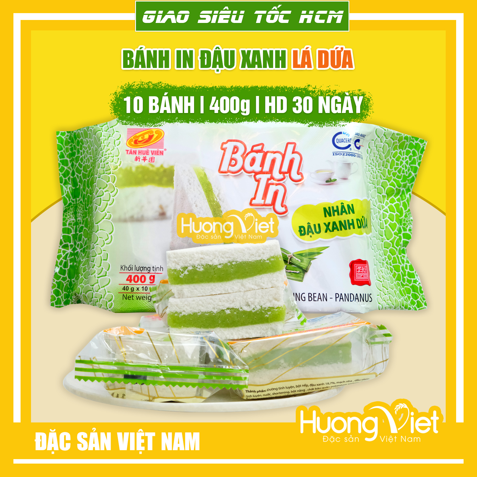 Bánh in đậu xanh lá dứa 10 bánh nhỏ 400gr bánh in Sóc Trăng Tân Huê Viên nhân lá dứa