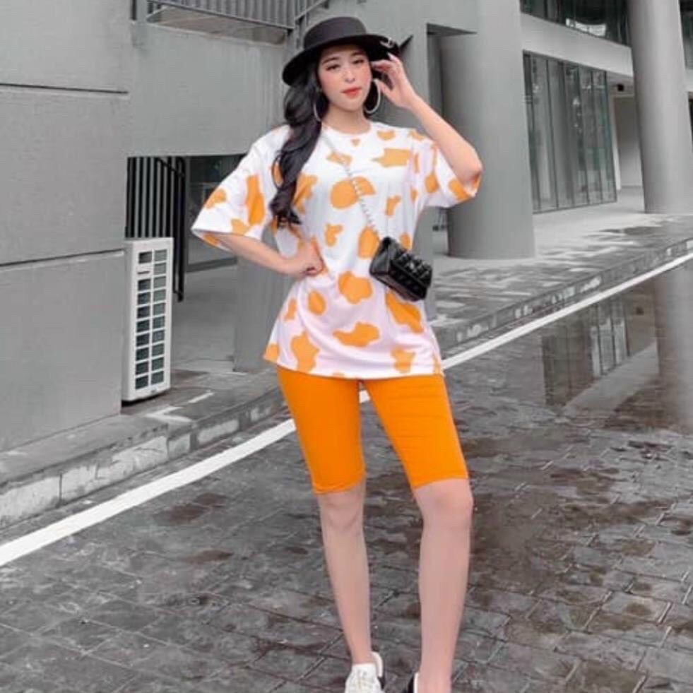 Set bộ áo thun fomr rộng họa tiết bò sữa quần lửng ngố ôm năng động