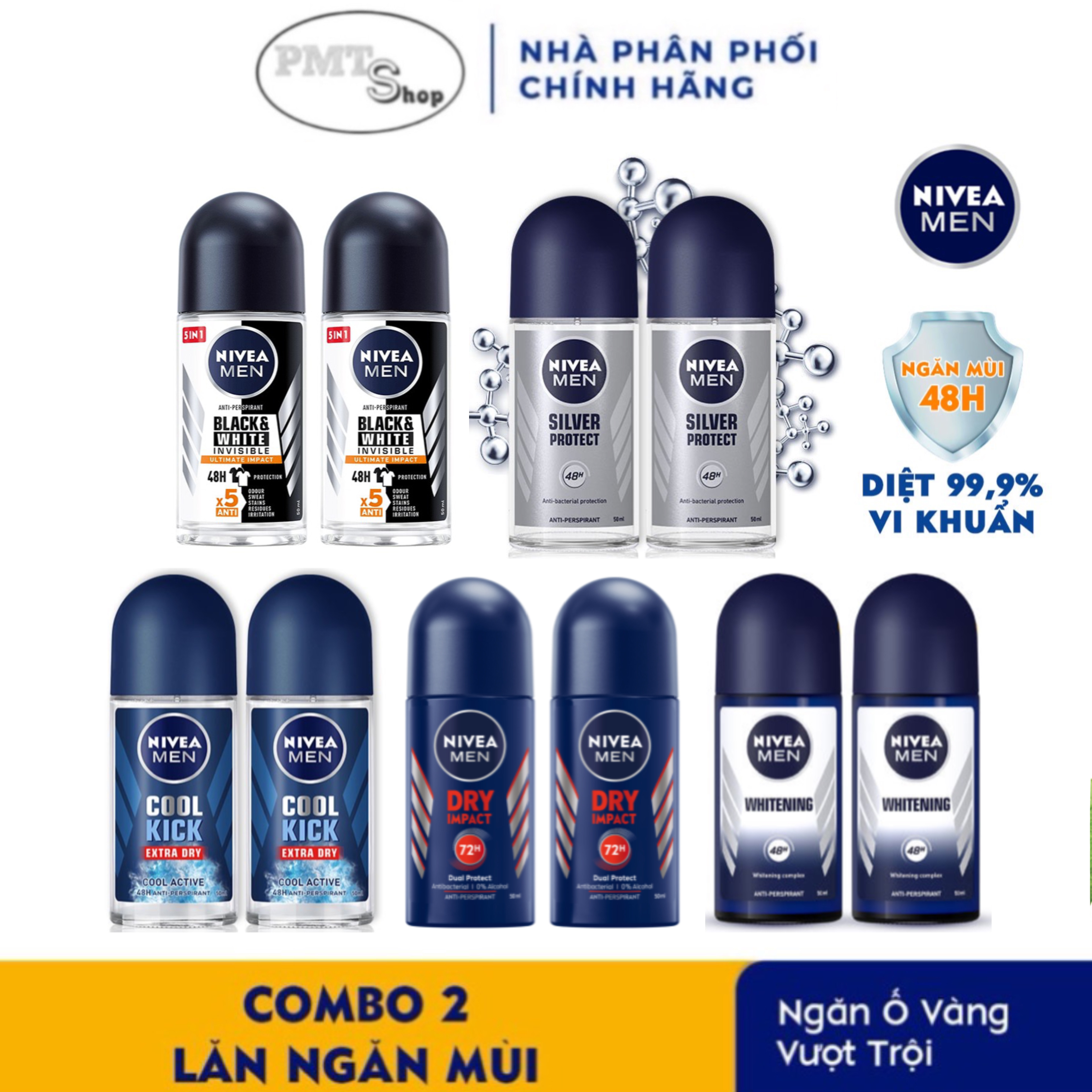 Combo 2 Lăn Ngăn Mùi NIVEA MEN 50ml Dry Impact / Brightening / Silver Protect / Black & White 5in1 Ultimate / Cool Active