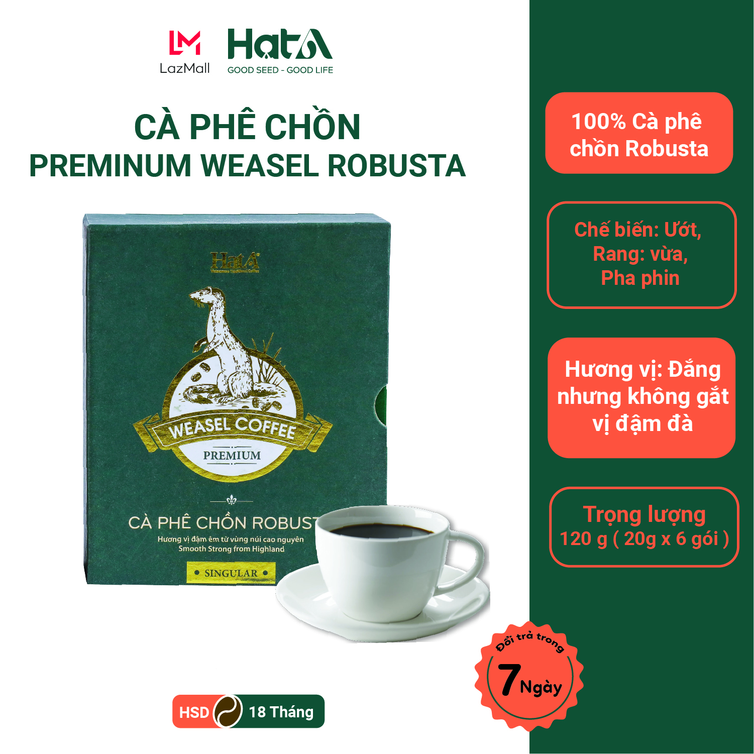 Cà Phê Chồn Robusta Thượng Hạng Nguyên Chất 100% Hạt A Cafe Premium Weasel Robusta Coffee - Hương Vị Đậm Êm Từ Vùng Núi Cao Nguyên - 120g/ 6 Gói
