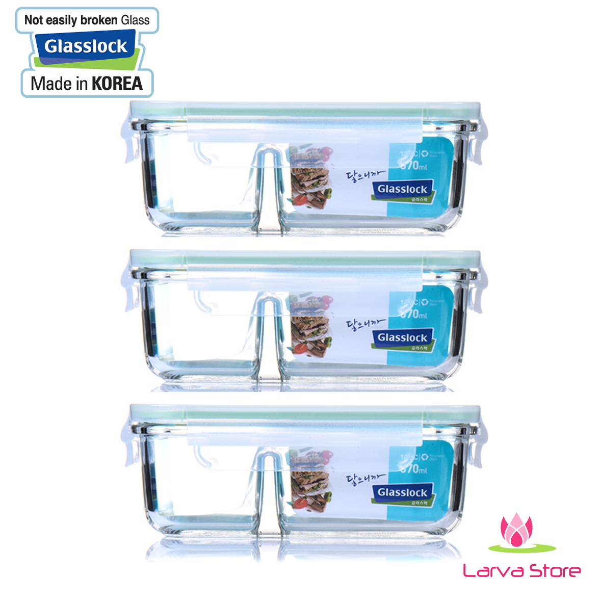 Bộ 3 hộp đựng thực phẩm 2 ngăn glasslock mcrk067 670ml - larva store