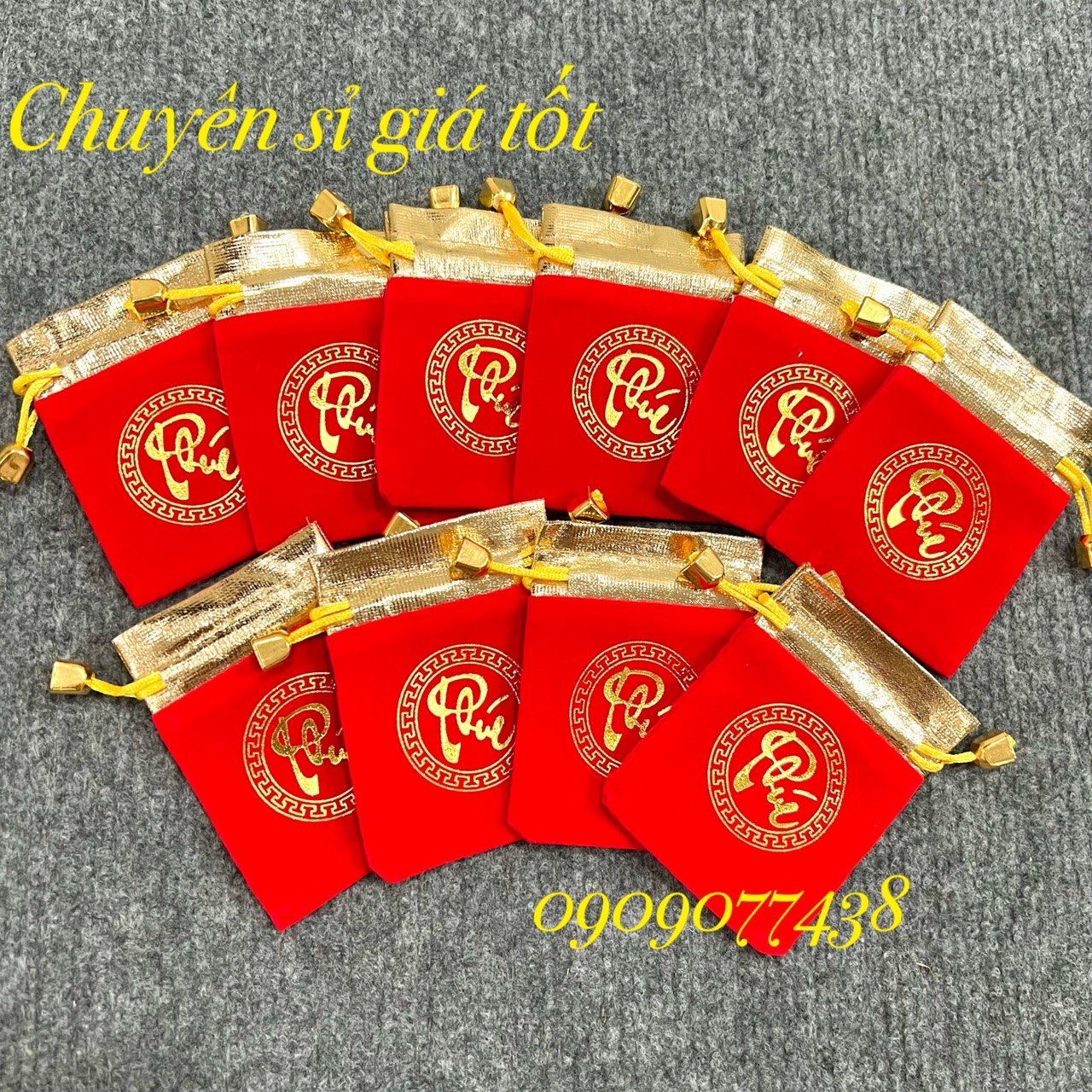 Combo 10 túi nhung chữ phúc rút dây 7 x 9 đựng xu, trang sức, đồ phong thủy