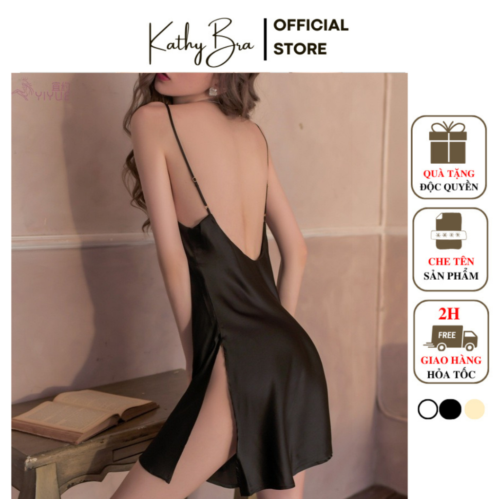  V04  LỤA ĐẸP  Váy Ngủ Lụa Hở Lưng Xẻ Tà KATHY BRA Chất Lụa Mát Cổ Đổ Sexy 