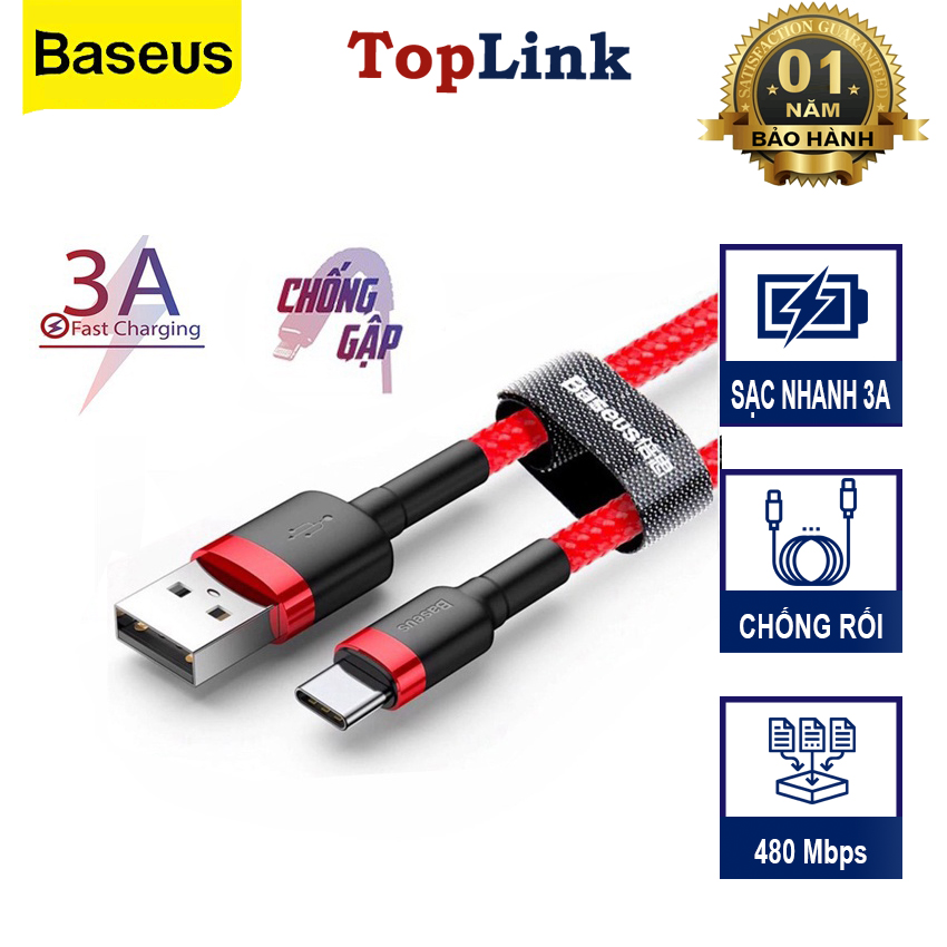 Cáp sạc nhanh type-c baseus catklf sạc nhanh 3a, q.c 3.0, data cho samsung/xiaomi/huawei/oppo, dây bọc dù - toplink