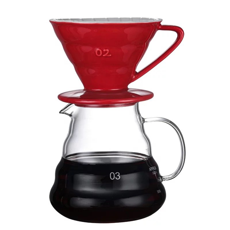 Bộ bình pha drip v60 phễu sứ đỏ, vàng, trằng, xanh, đen