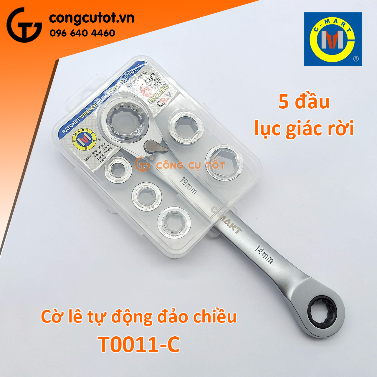 Bộ cờ lê đảo chiều tự động 2 đầu vòng C-mart T0011-C 8-19mm Có 5 đầu lục giác rời Phù hợp làm bộ dụng cụ gia đình, thợ cơ khí, kỹ thuật sửa chữa phương tiện giao thông, ...