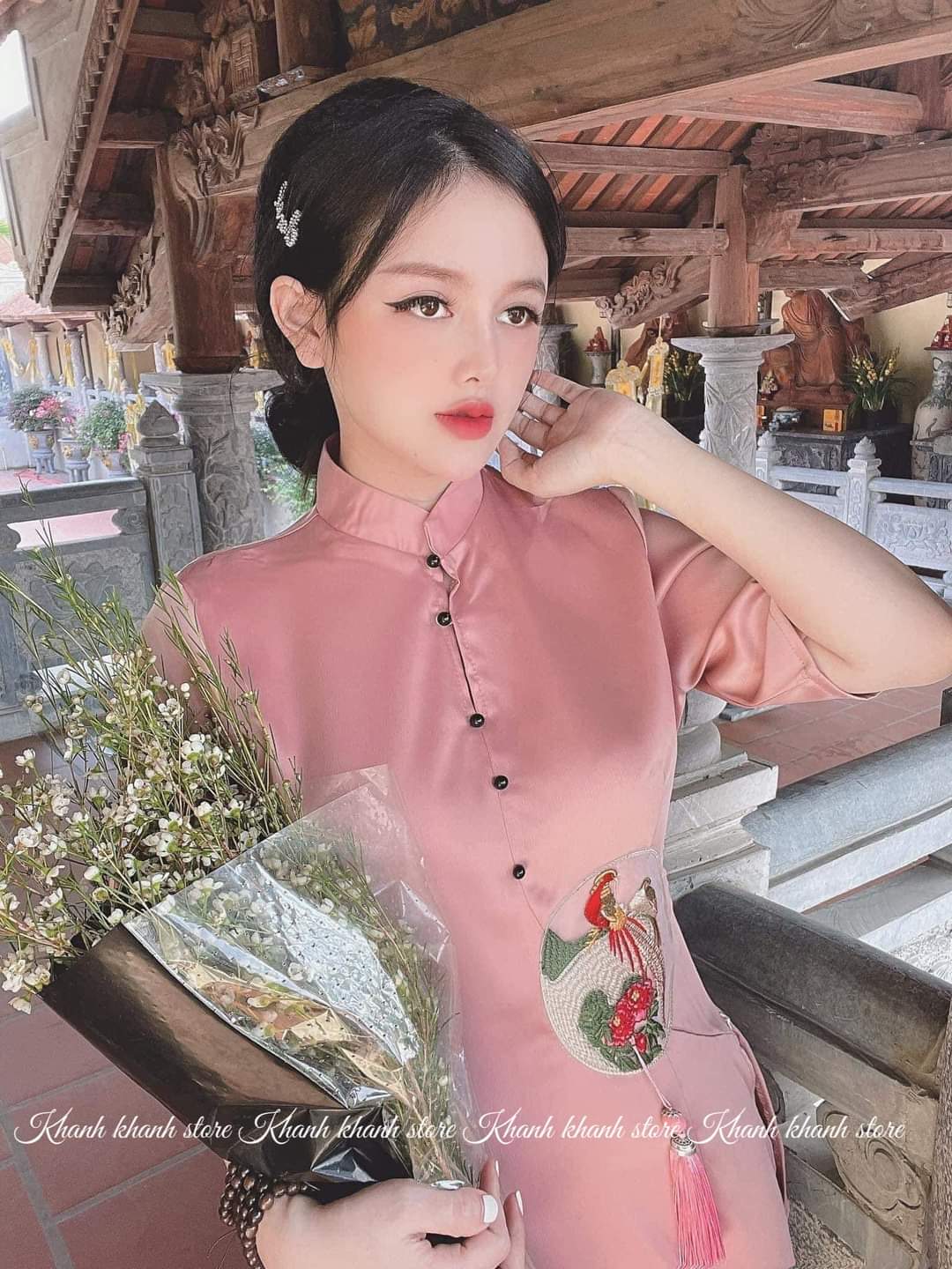 Set đồ lam đi chùa cao cấp thêu hạc