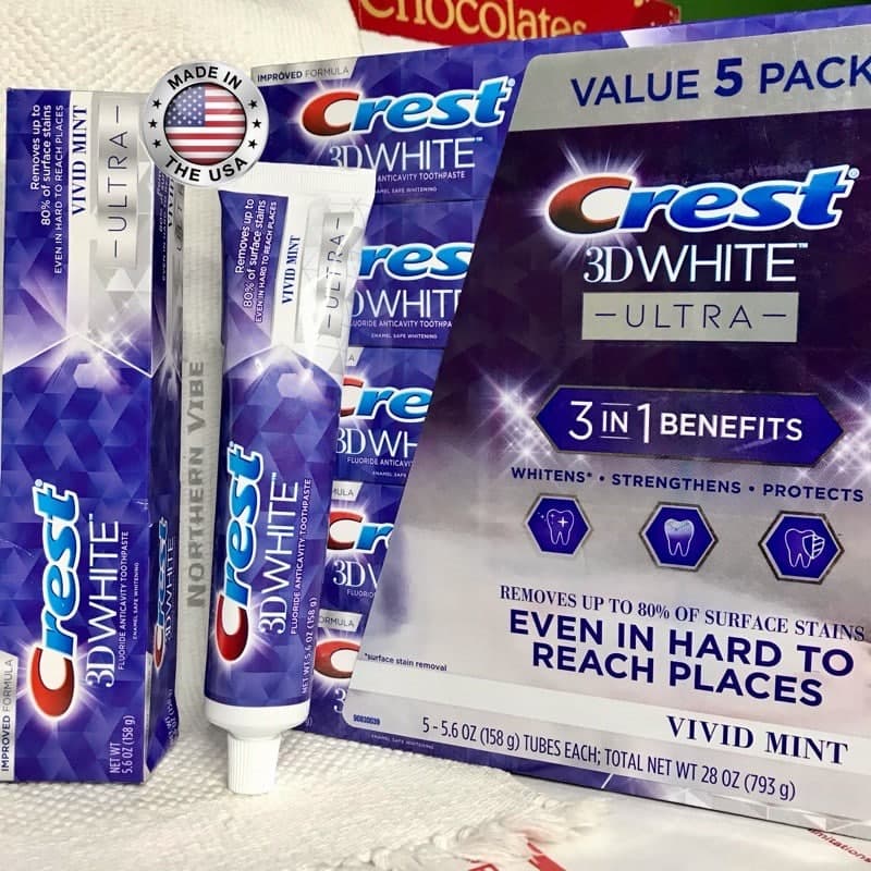 Kem đánh răng crest 3d white ultra 3 in 1 benefits vivid mint trắng sáng chính hãng mỹ