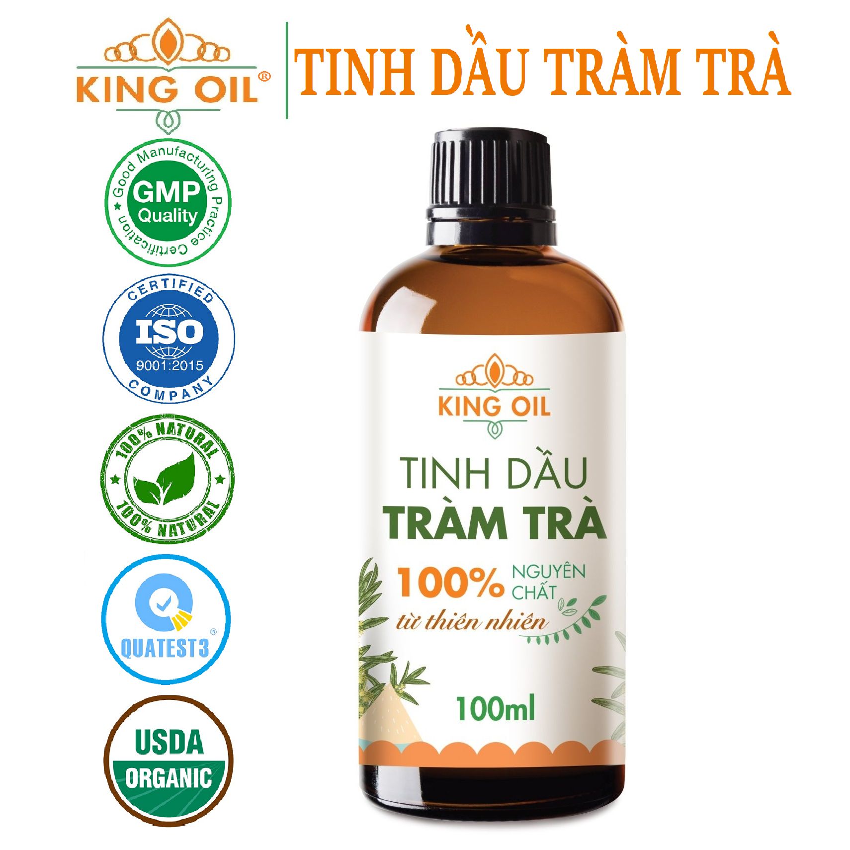 Tinh dầu Tràm Trà 100ml nguyên chất Organic từ thiên nhiên, xông phòng, thơm phòng, khử khuẩn, chăm sóc da, giảm mụn, đuổi muỗi, giải cảm - KingOil