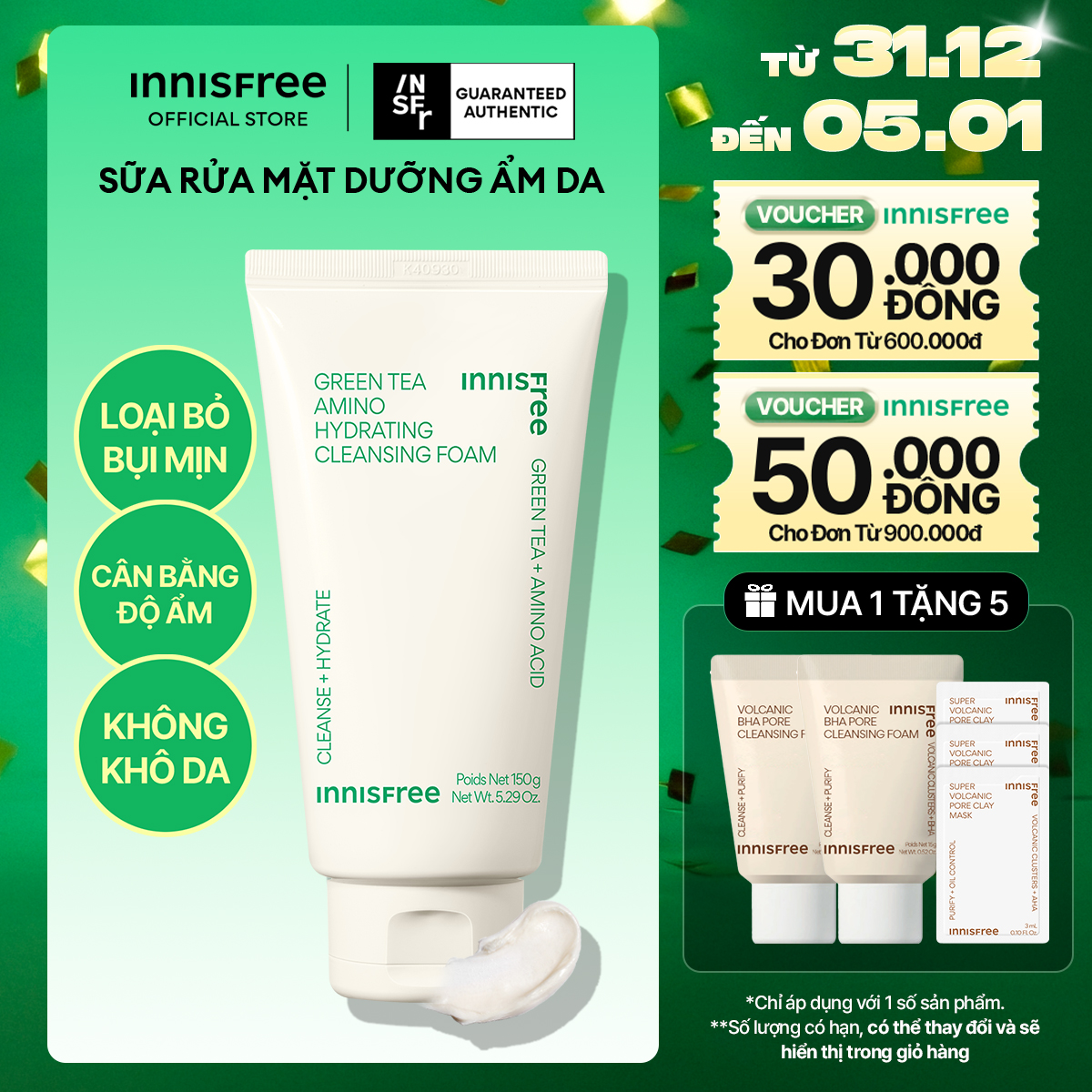  Sữa rửa mặt trà xanh sạch sâu ẩm mịn INNISFREE Green Tea Amino Cleansing Foam 150g 