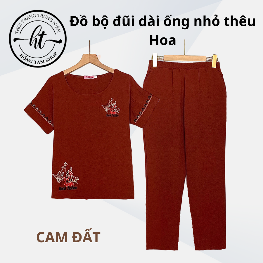 Đồ bộ cho mẹ mặc nhà, bộ đũi trung niên nữ thêu hoa, quần dài ống nhỏ thêu hoa cao cấp. cb