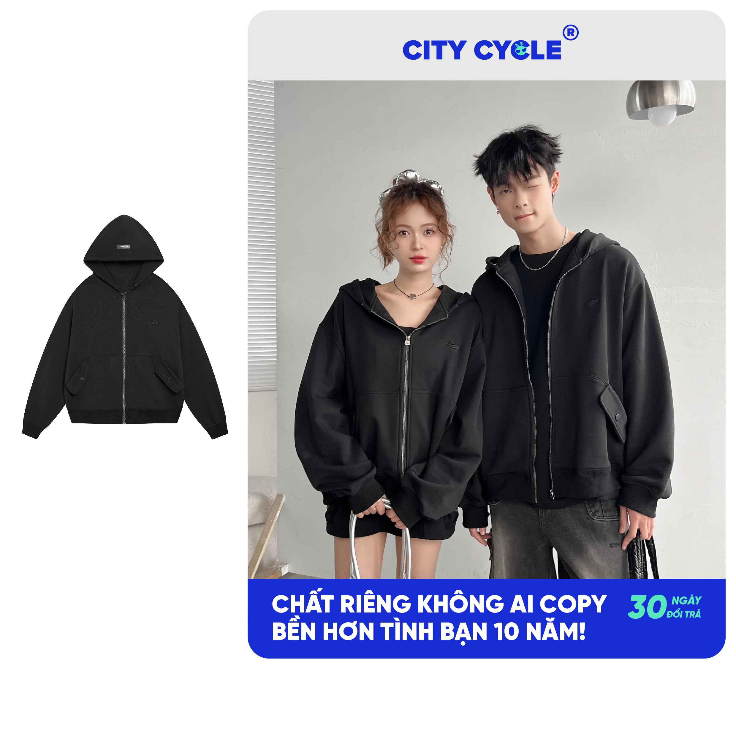 Áo khoác nỉ unisex đôi hoodie zip Local Brand Chính Hãng City Cycle Áo khoác Hoodie zip Sống Đậm