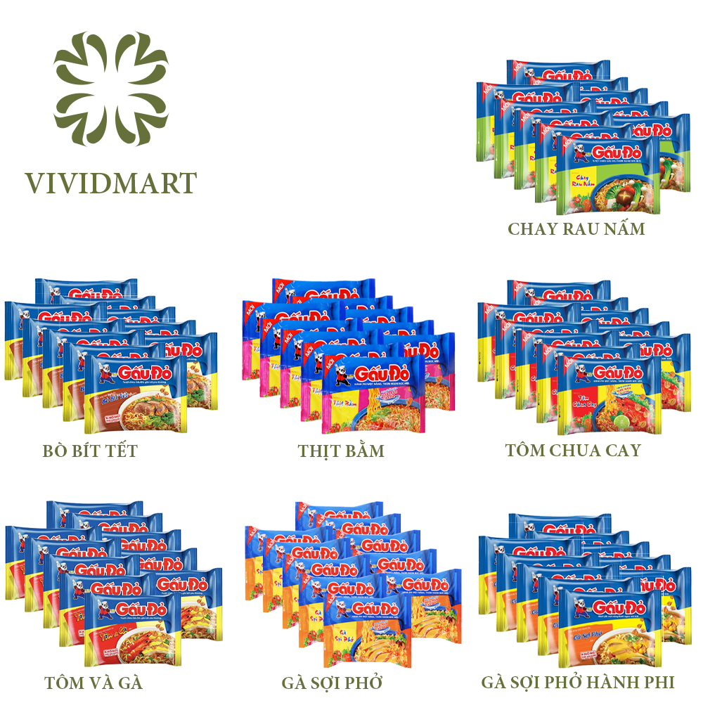 10gói- mì gấu đỏ 7 vị: gà sợi phở, tôm và gà, bò bít tết, thịt bằm, tôm chua cay, sợi phở hành phi, chay –gói63g– gấu đỏ
