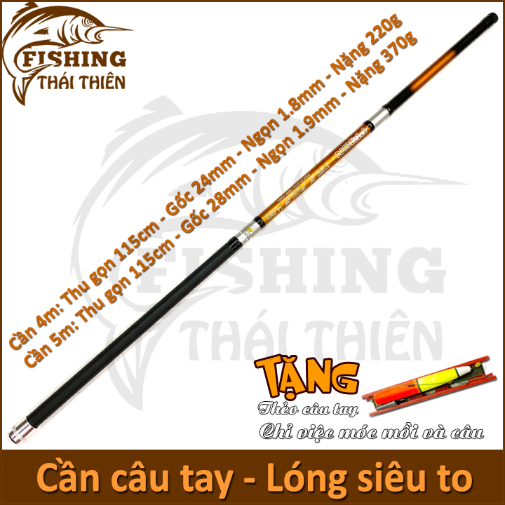 Cần câu tay Condor Prion 4m, 5m sợi thủy tinh, lóng siêu to