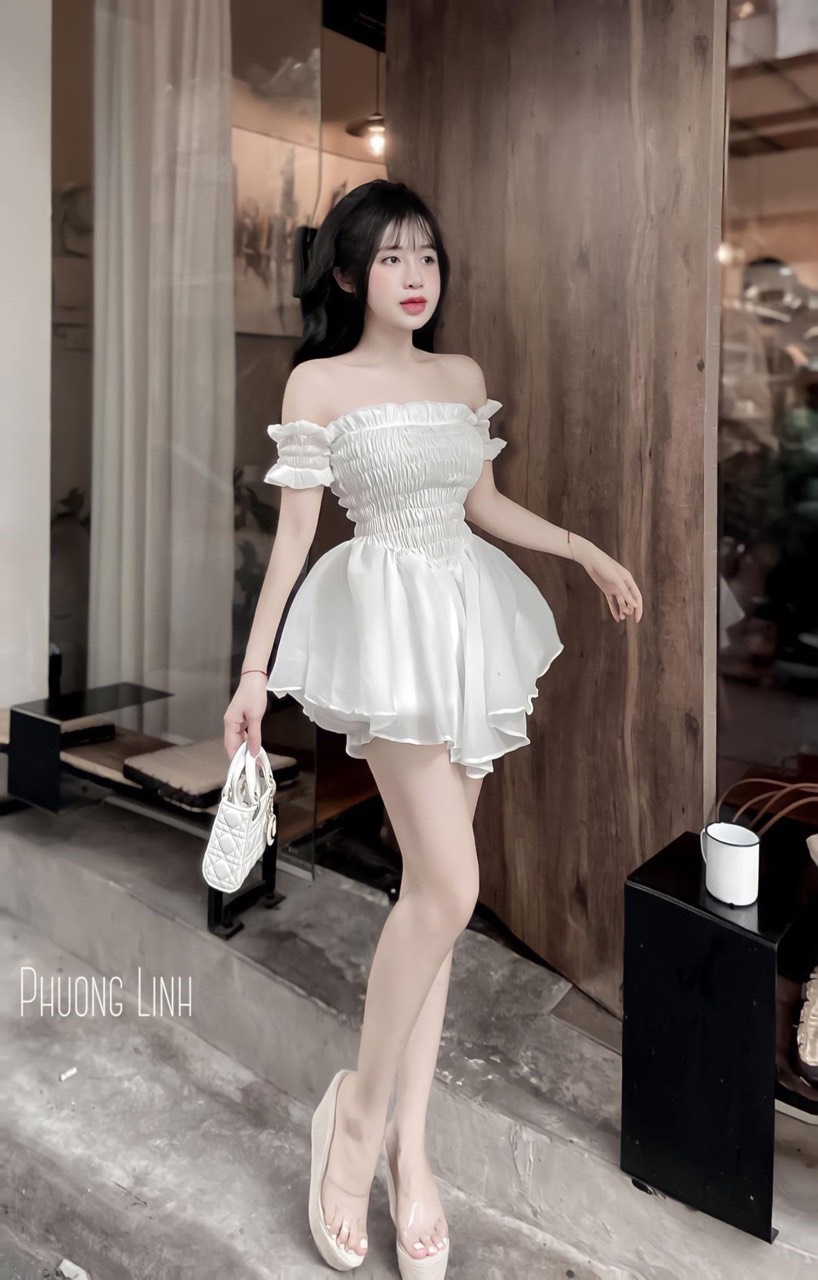 Sét váy trễ vai kèm quần viền xước siêu xinh Th
