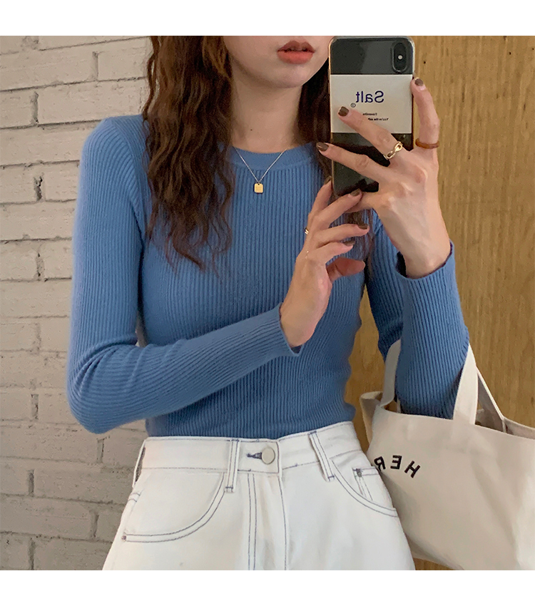 Áo len cổ tròn dài tay dệt kim màu trơn basic dáng ôm