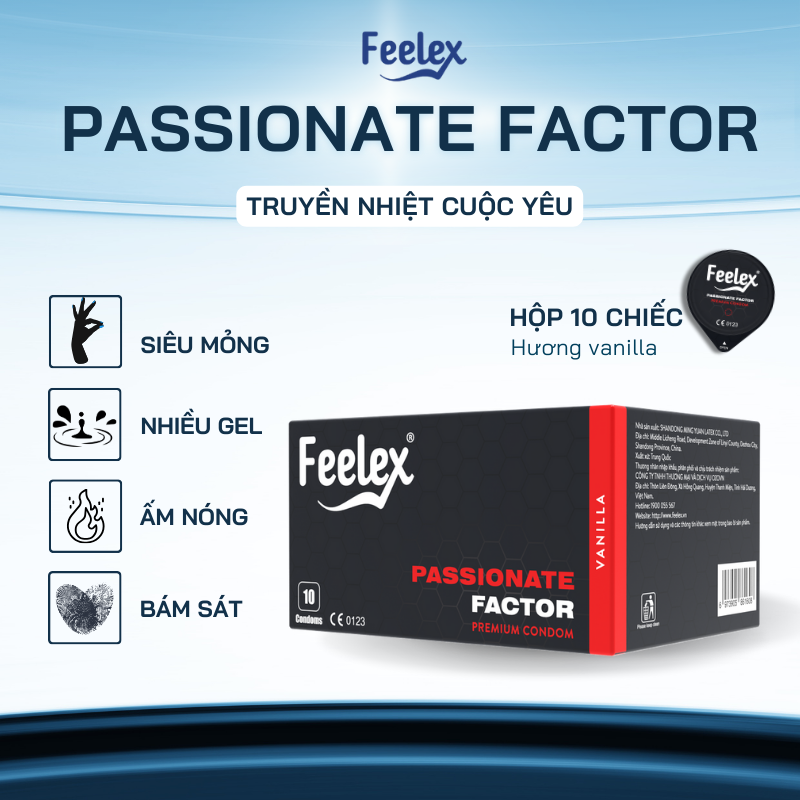  Bao cao su nam Feelex Passionate Factor ấm nóng truyền nhiệt - Hộp 10 bcs 