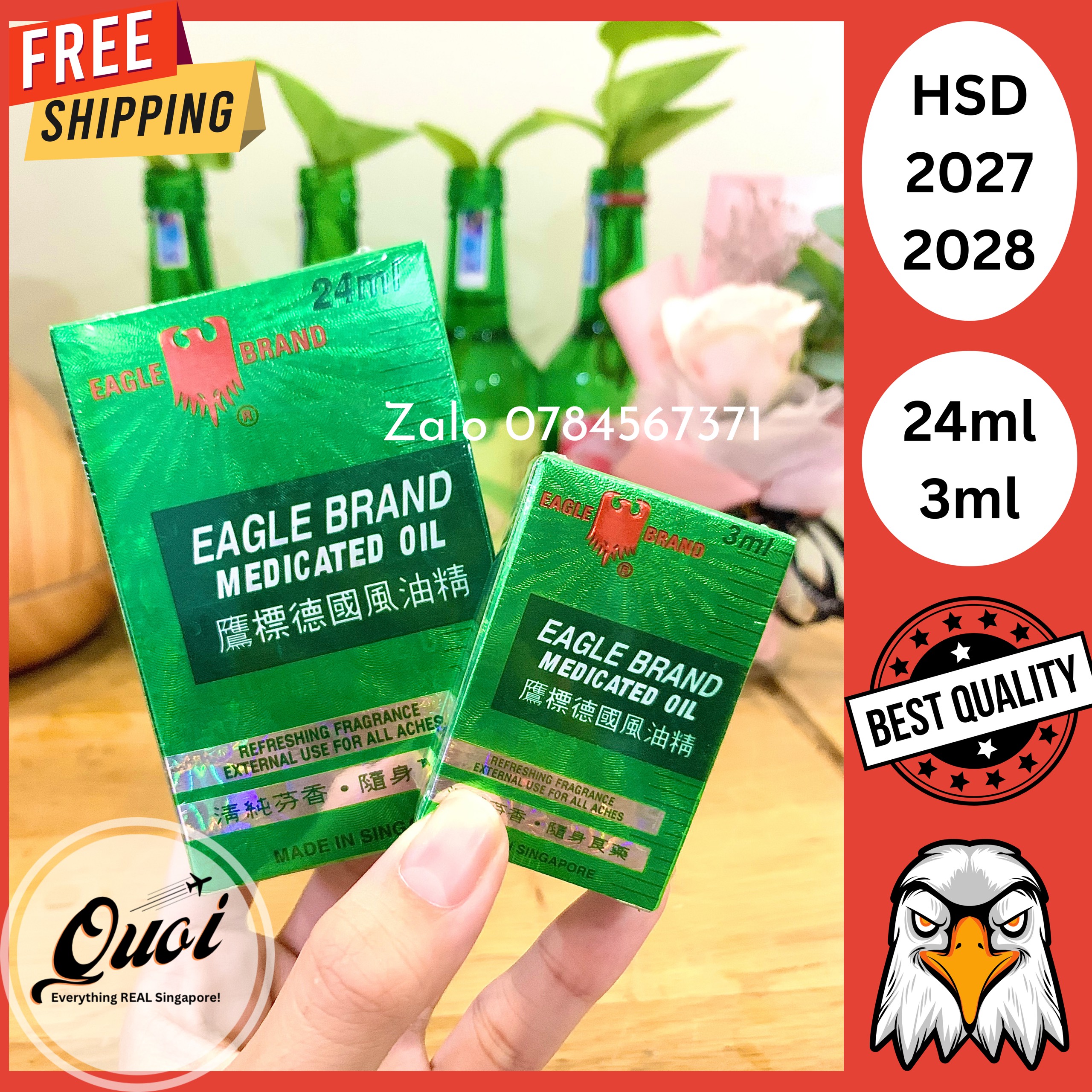 Singapore - Dầu gió hiệu Con Ó - dầu xanh con ó - dầu vàng con ó - dầu trắng con ó - 3ml 24ml - Eagle Brand Oil Singapore, dầu xanh 1 nắp