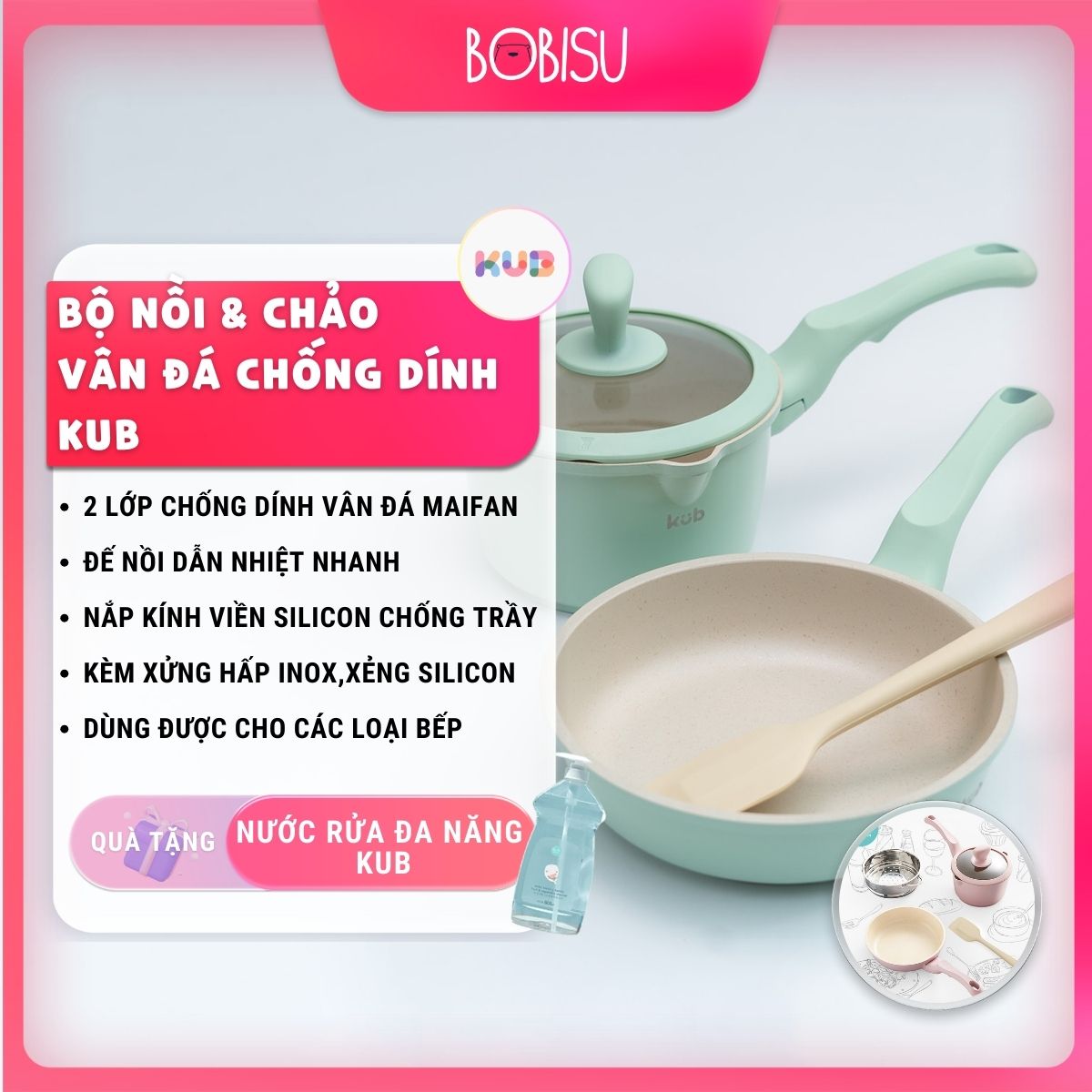 Bộ nồi & chảo vân đá maifan chống dính KUB