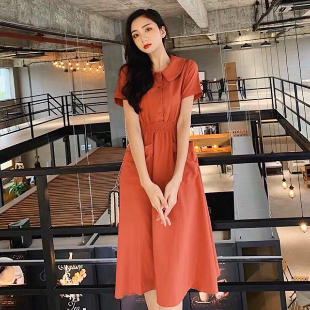 Đầm cổ sen thun eo 2 màu