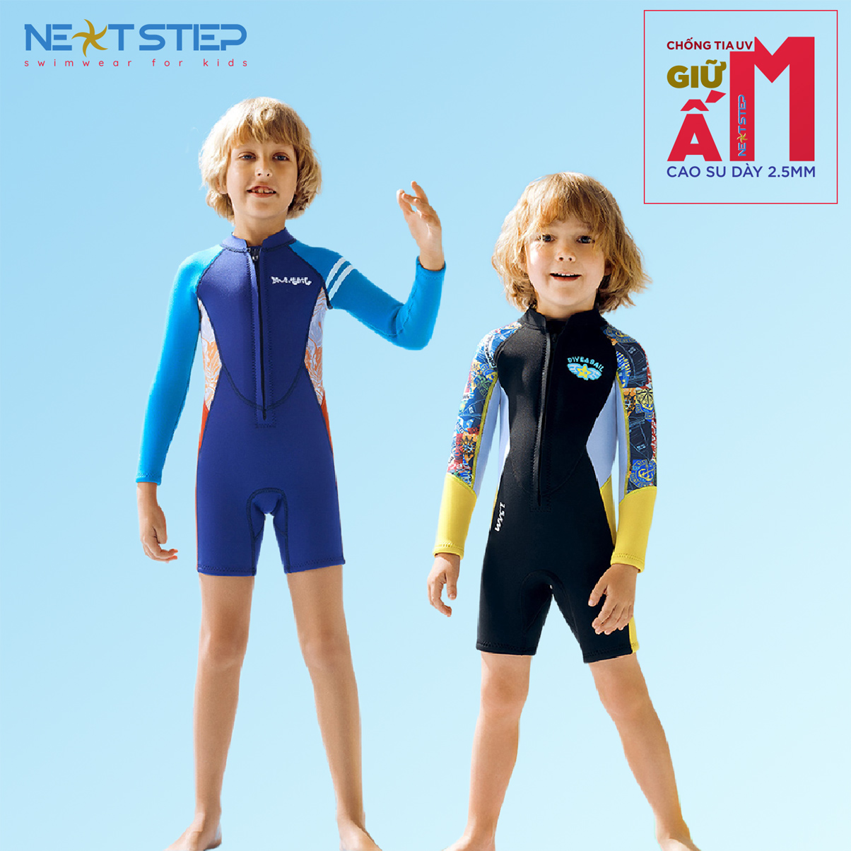 Đồ bơi giữ nhiệt cho bé trai hiệu Dive and Sail tay dài chống nắng chất liệu cao su Neoprene dày 2.5mm chống thấm nước size từ 10kg đến 30kg