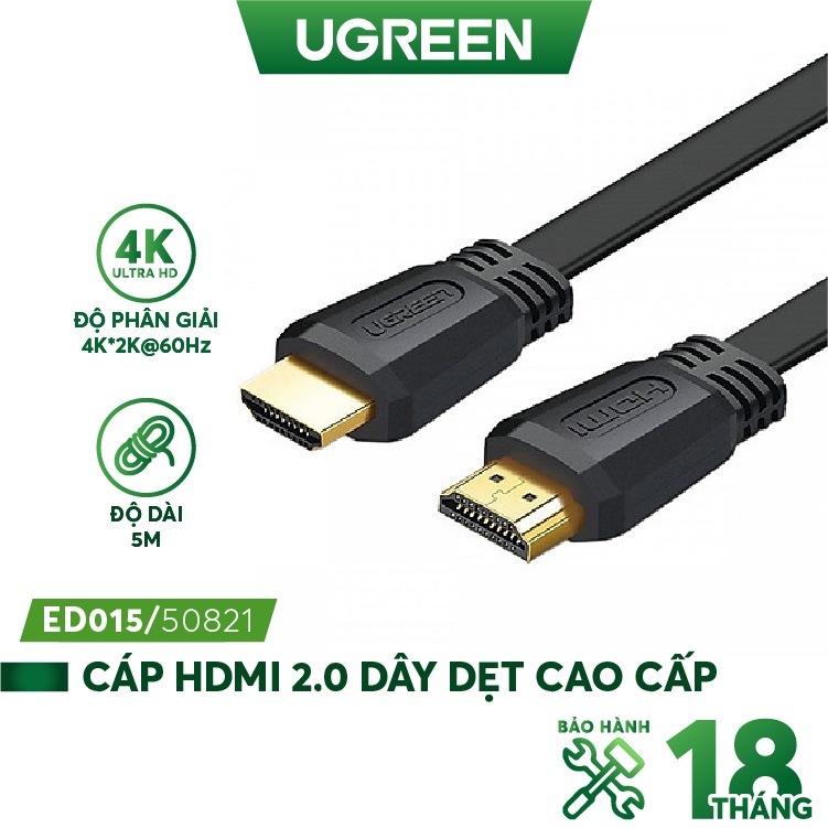 Cáp hdmi 2.0 dẹt dài 5m hỗ trợ 4k@60mhz ugreen 50821 cao cấp