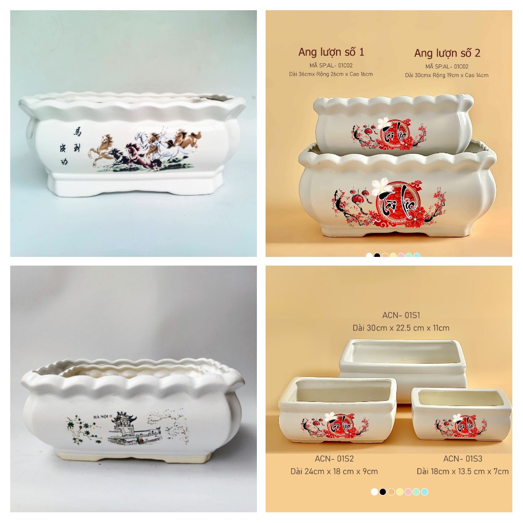 Chậu sứ trồng cây to hình chữ nhật in hình tết, chậu trồng các cây nội thất, cây văn phòng đẹp, gốm sứ bát tràng đẹp