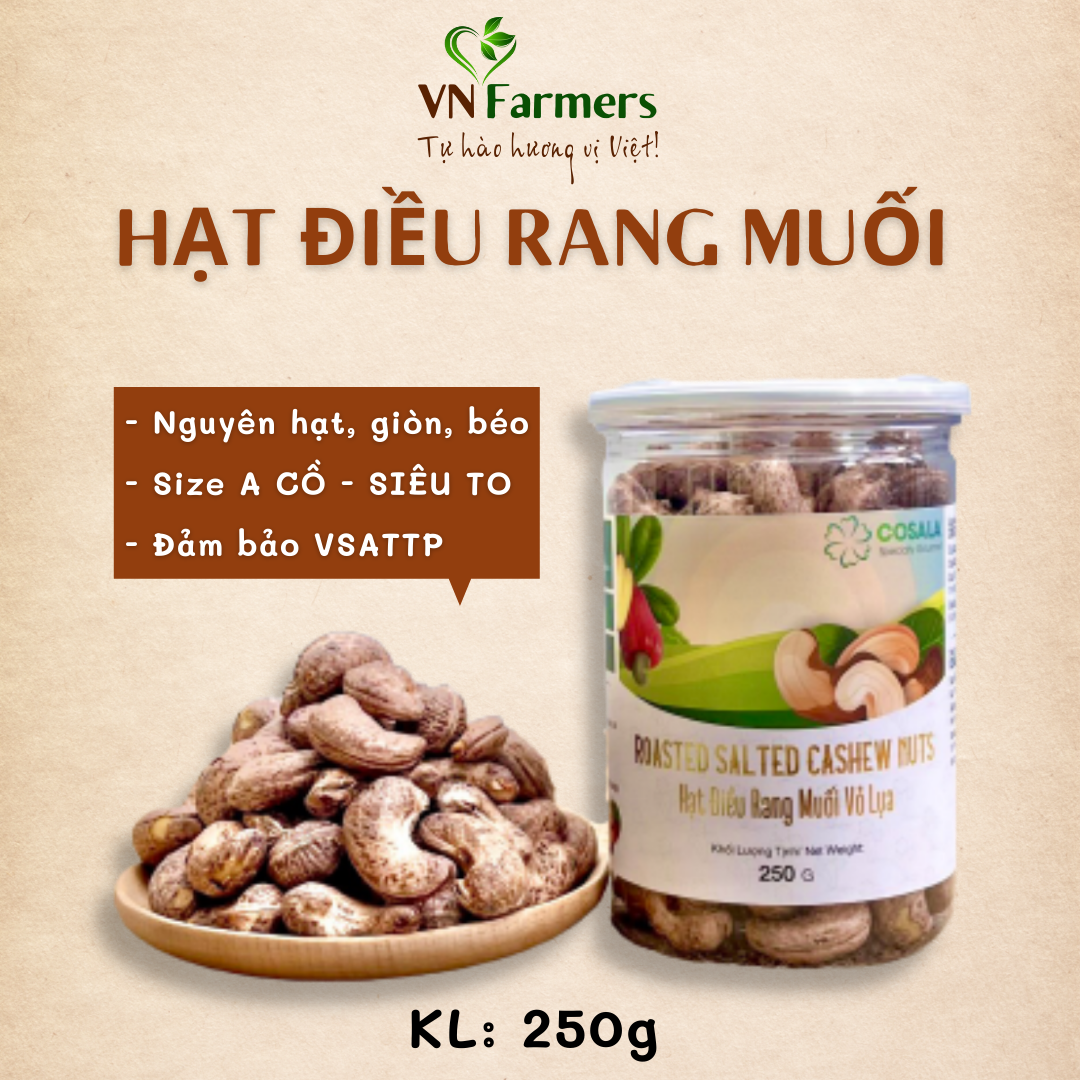 Hộp 250g Hạt điều vỏ lụa rang muối nguyên vị, ăn liền. Từ điều nguyên hạt loại A++, thơm ngon, béo ngậy, ngon mê | VN Farmers