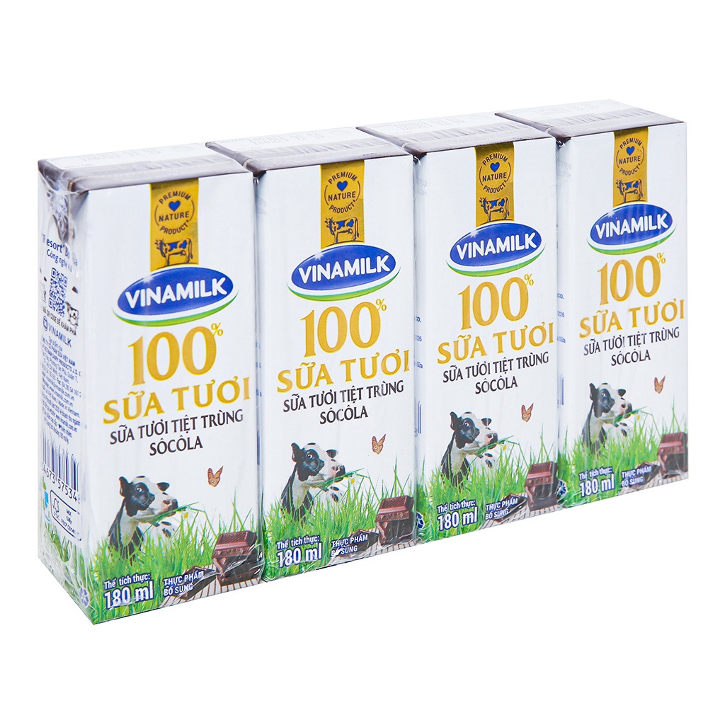 Lốc 4 hộp sữa tươi socola Vinamilk 100% Sữa Tươi 180ml