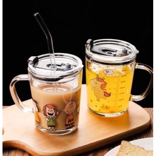 Ly nước, ly thủy tinh có vạch chia ml, cốc sữa, cốc ăn sáng, cốc có nắp, cốc nước thủy tinh trong suốt - hình ngẫu nhiên- nobi ta shop