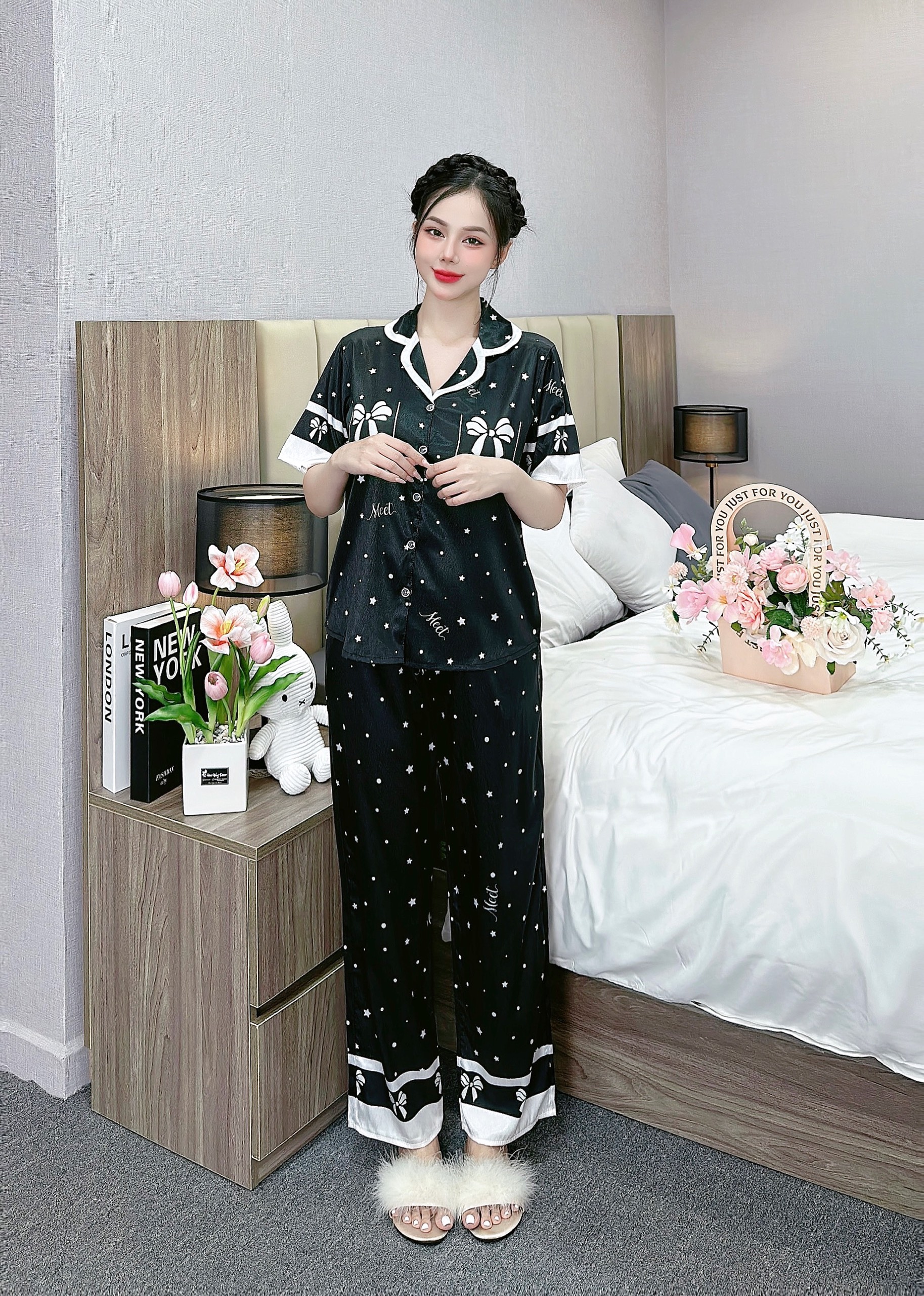 Đồ bộ pijama nữ ANH MỸ lụa xước thiết kế túi nơ 2 bên cao cấp bigsize 40-75kg tay ngắn quần dài SP0313 