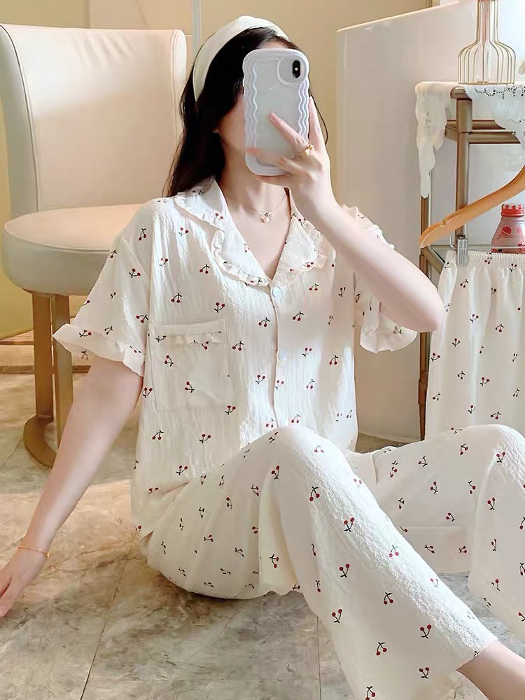 Bộ đồ ngủ mặc nhà cộc dài viền bèo hot thu đông 2022