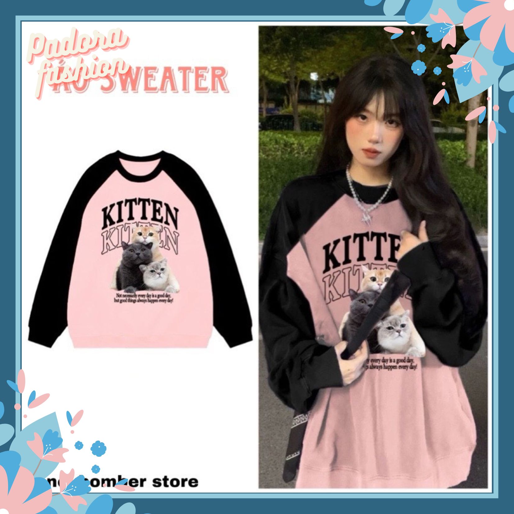 Áo sweater nữ zaplang hồng phối tay đen họa tiết mèo form rộng chất nỉ cotton lót lông dày dặn A914