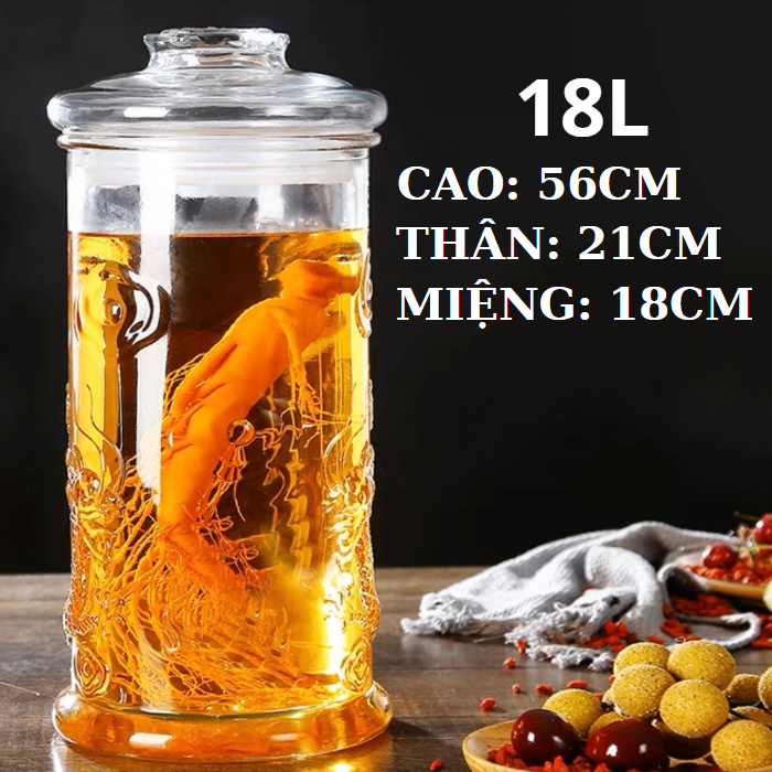 Bình ngâm rươu thủy tinh hoa văn rồng 18 lít có van & không van