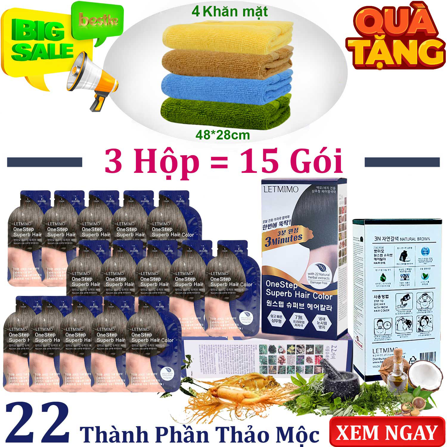 thuốc nhuộm tóc , gội đen tóc , Nâu tự nhiên 3N , combo 3 hộp = 15 gói + QUÀ TẶNG 4 khăn mặt , bestke