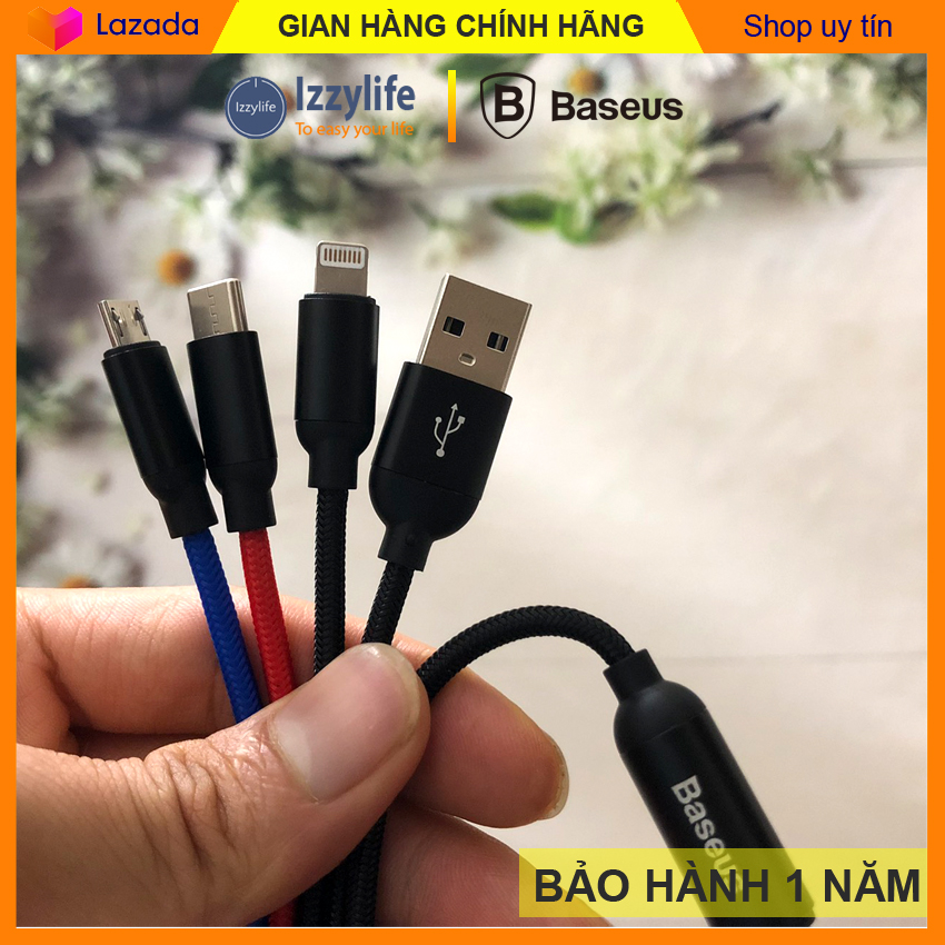 Sạc đa năng, dây sạc đa năng, cáp sạc đa năng Baseus chính hãng Camlt đầu ra Lightning, Type-C, Micro, dòng 3.5A, truyền được dữ liệu cáp dài 1.2m