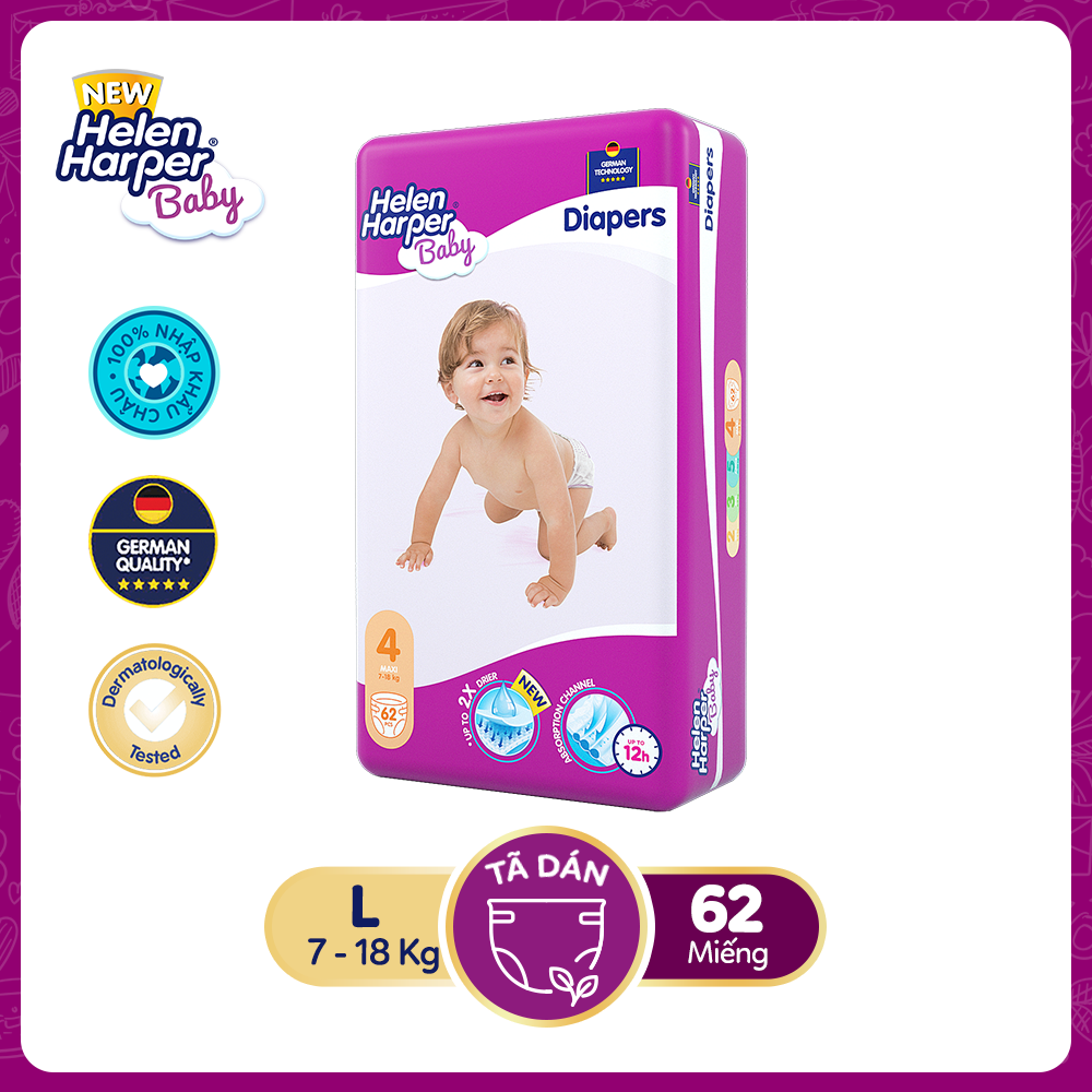 Tã bỉm cao cấp nhập khẩu châu âu - tã dán helen harper maxi size 4 cho bé 7-18 kg, 62 miếng/gói