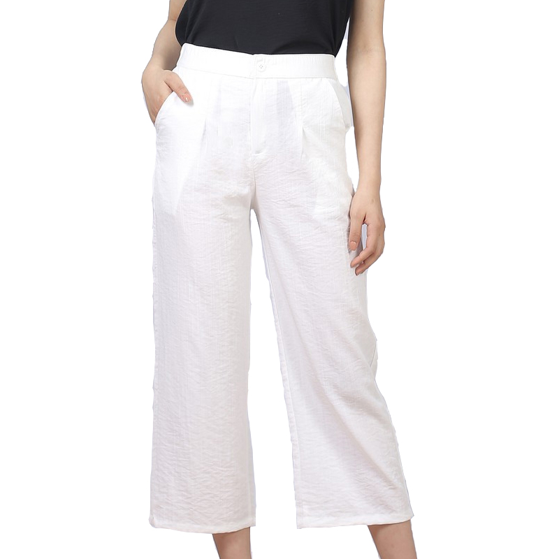 [Quần suông][Quần ống rộng] Quần ống rộng vải đũi cạp cao lưng chun dài 93cm