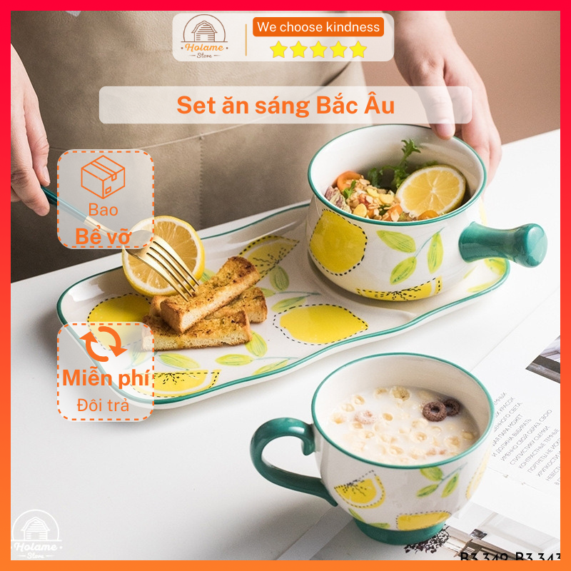Set ăn sáng bằng sứ phong cách Bắc Âu, họa tiết chanh vàng lá xanh
