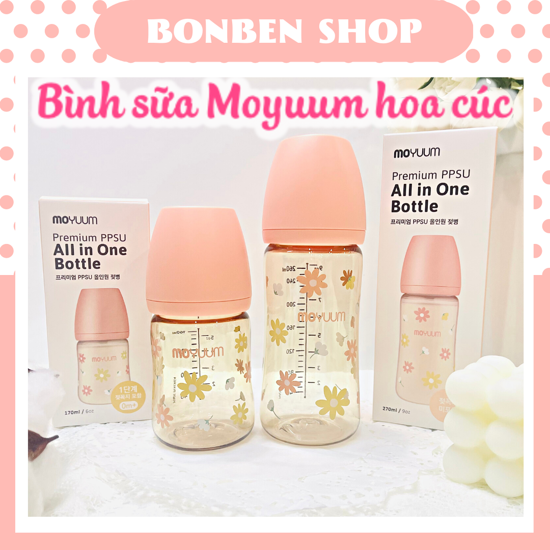 Bình sữa moyuum hoa cúc, moyuum hồng, moyuum daisy hoa 170ml 270ml tùy chọn núm